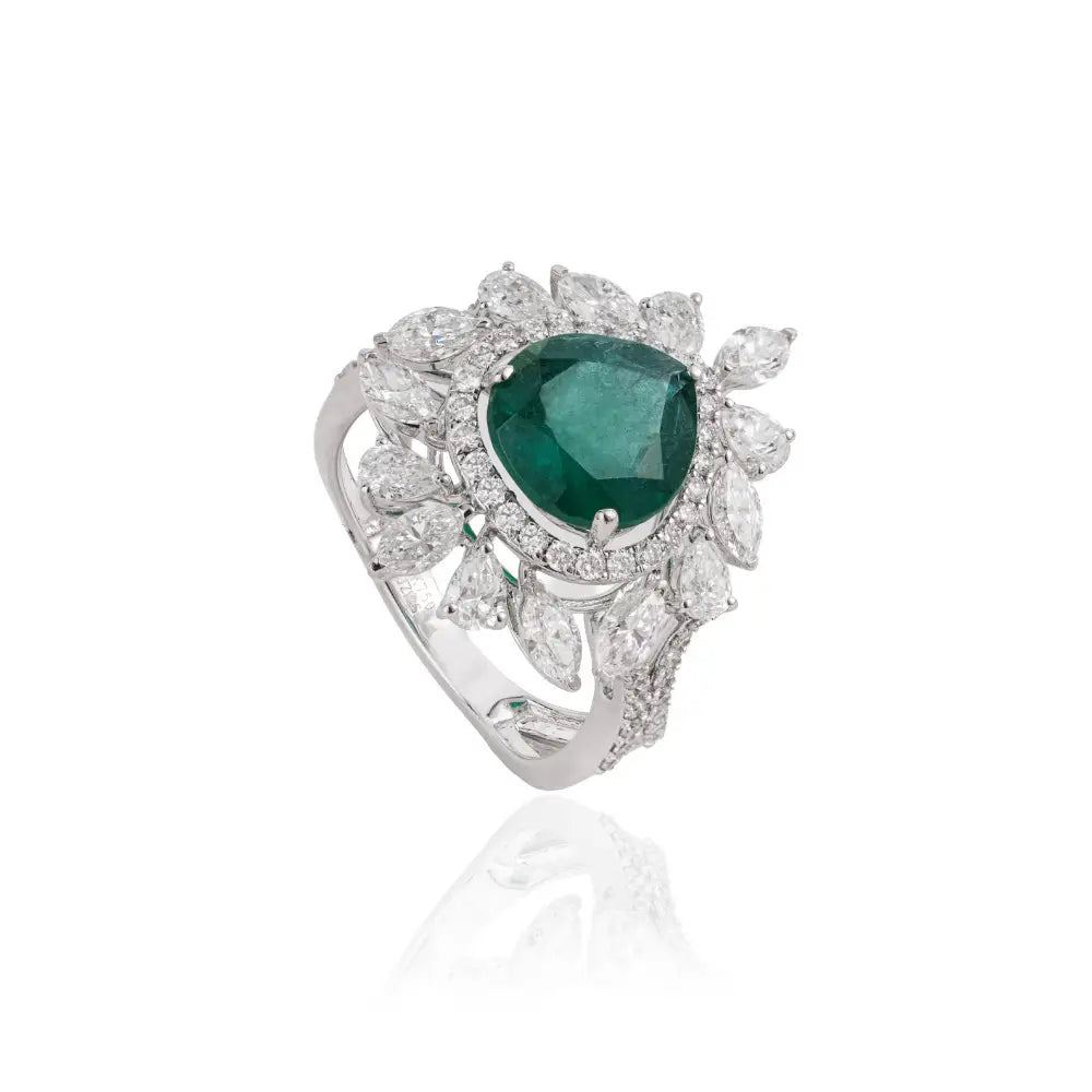 Luxurious Emerald & Diamond 18K White Gold Bold Statement Ring Bridal Wedding Jewelry