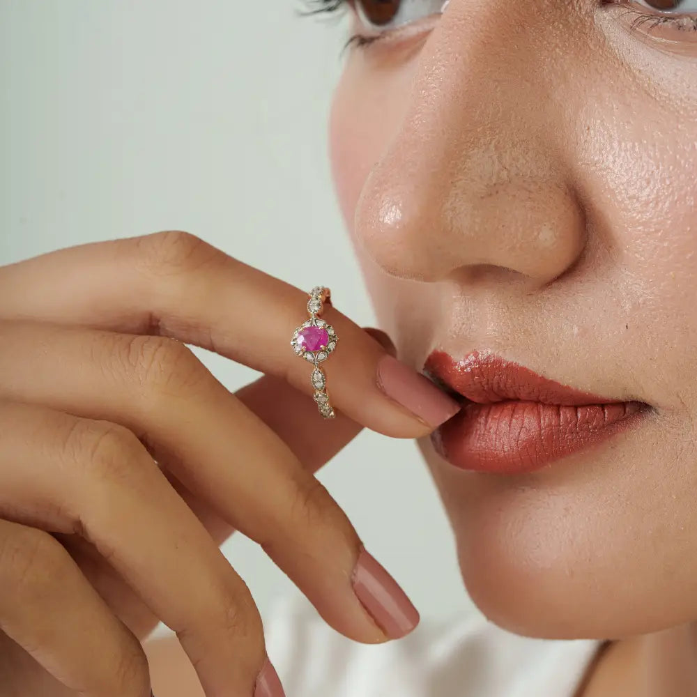 Elegant Simple Design Ruby & Diamond Fine 14K Yellow Gold Minimal Gemstone Ring For Women