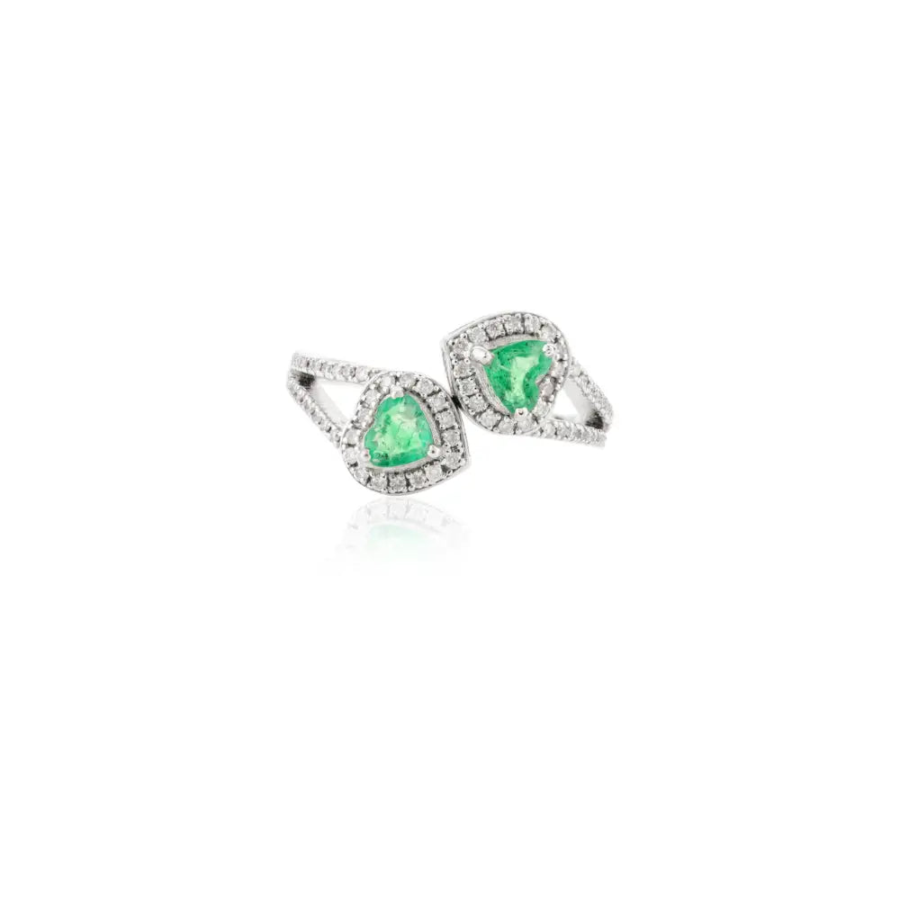 Heart Shape Emerald & Round Diamond Solid 18K White Gold Bypass Ring