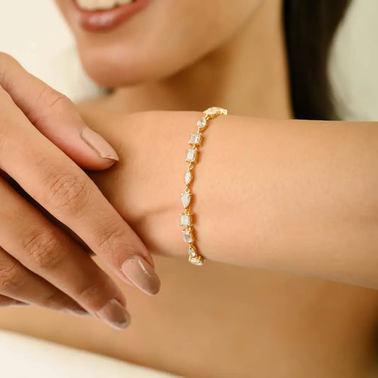 Mixed Shape Diamond 18K Solid Yellow Gold Prong Set Tennis Bracelet Designer Jewelry