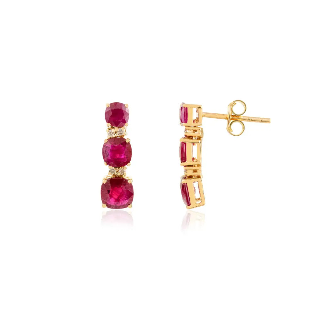 Graduated Set Ruby & Diamond Small Drop Earrings Everyday Wear Girls 14K Yellow Gold Jewelry