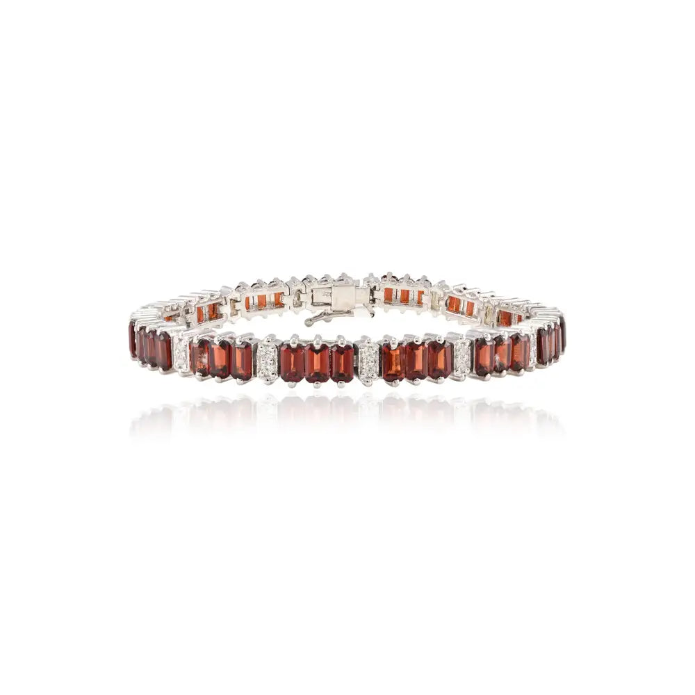 Baguette Shape Garnet & Round American Diamond Statement Tennis Bracelet Anniversary Gift