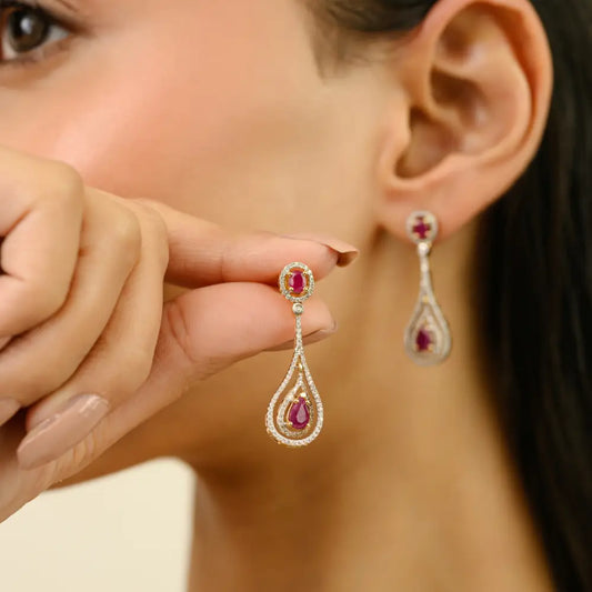 Prong Set Ruby & Diamond 18K Real Yellow Gold Teardrop Dangle Earrings July Birthstone