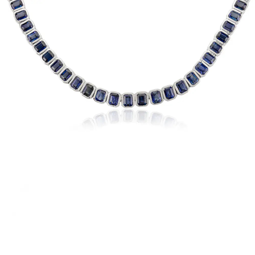 K18 Solid White Gold 100% Authentic Octagon Shape Blue Sapphire Tennis Necklace