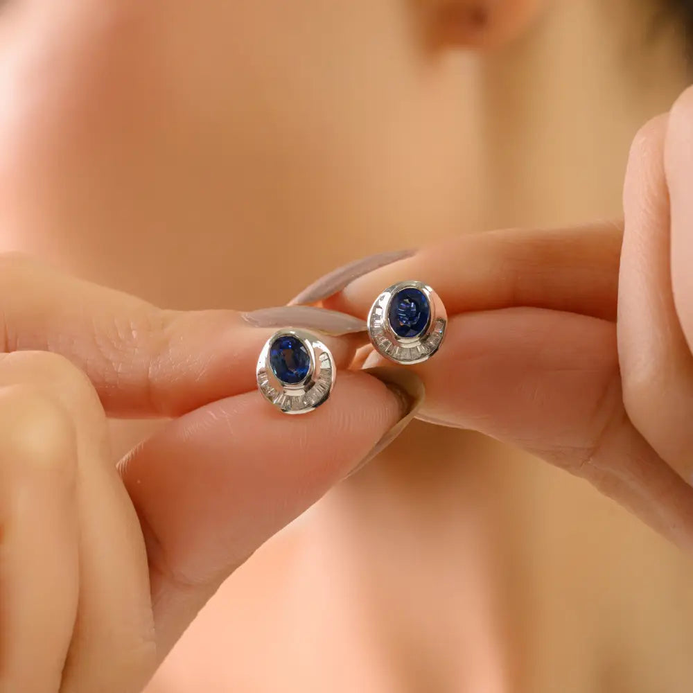 Exquisite Design Blue Sapphire & Diamond K14 White Gold Unique Stud Earrings For Women