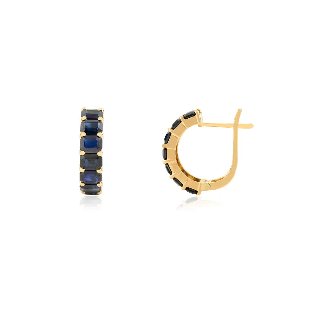Natural Blue Sapphire Octagon Cut Small Hoop Earrings Solid 14K Yellow Gold Fine Jewelry