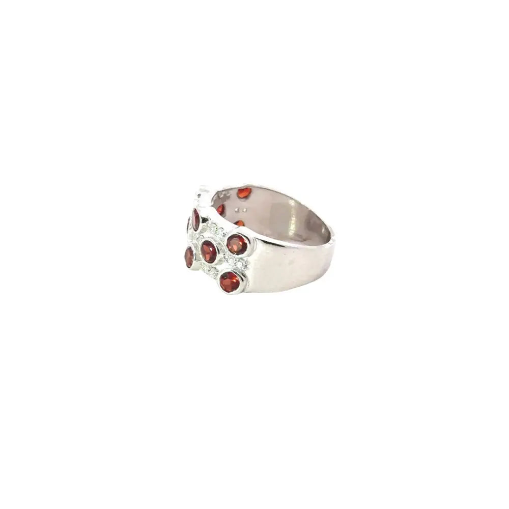 Explore Exquisite Jewelry Round Cut Garnet & American Diamond Wedding Band Ring Set In Bezel Setting