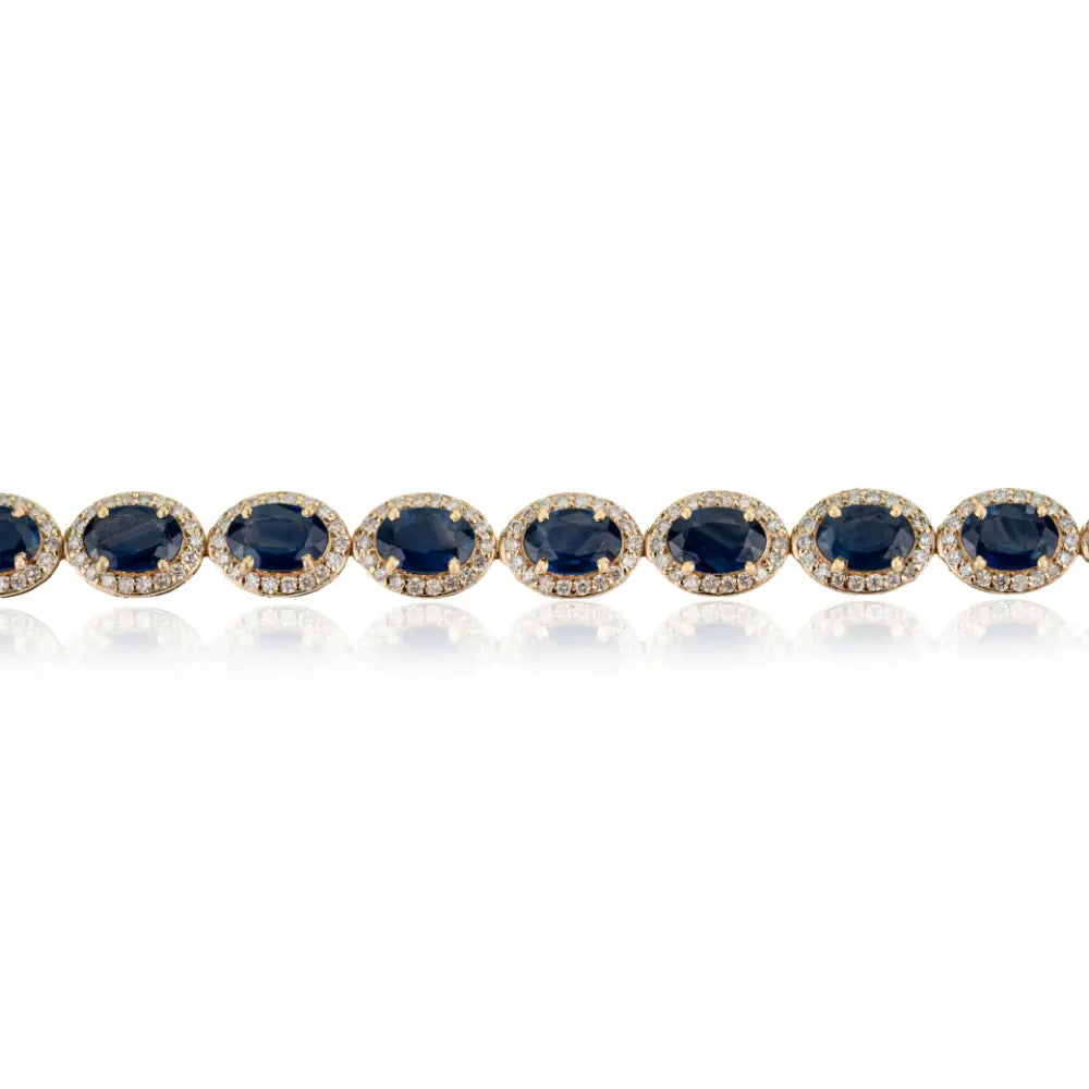 18K Solid Yellow Gold Blue Sapphire & Diamond Halo Tennis Bracelet Statement Bulk Jewelry