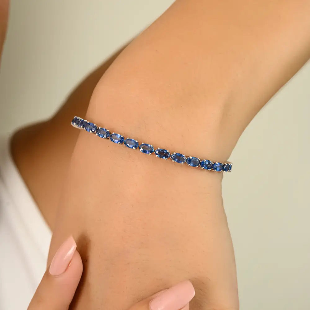 5X3 MM Oval Shape Blue Sapphire Unisex Tennis Bracelet 14K Solid Gold Handmade Fine Jewelry