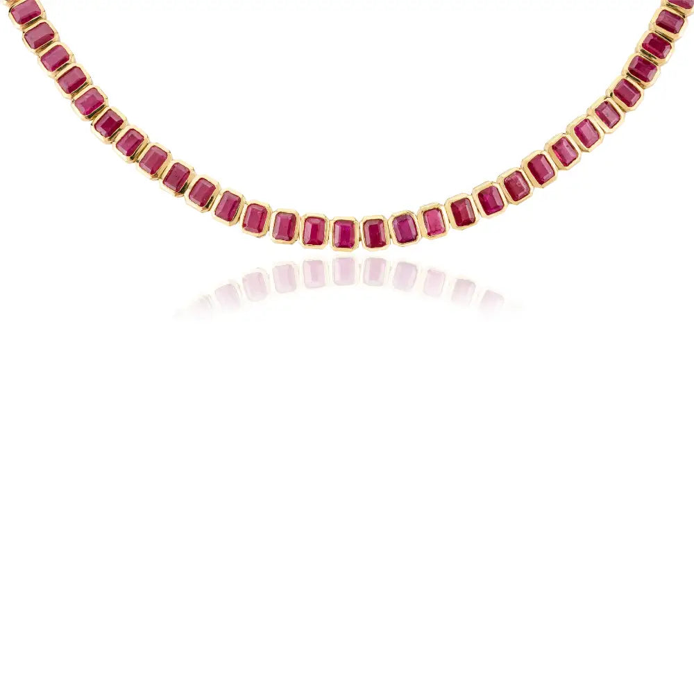 July Birthstone Natural Ruby 18K Yellow Gold Bezel Setting Tennis Necklace