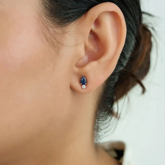 6x4mm Pear Cut Blue Sapphire & Diamond Small Dainty Stud Earrings 14K White Gold Jewelry