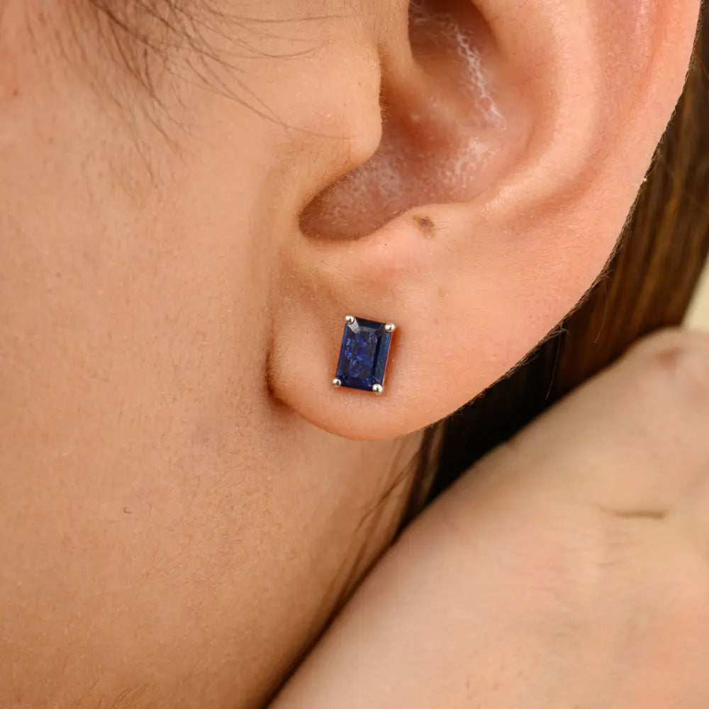 Baguette Shape Handmade Blue Sapphire Solid 14K White Gold Stud Earrings