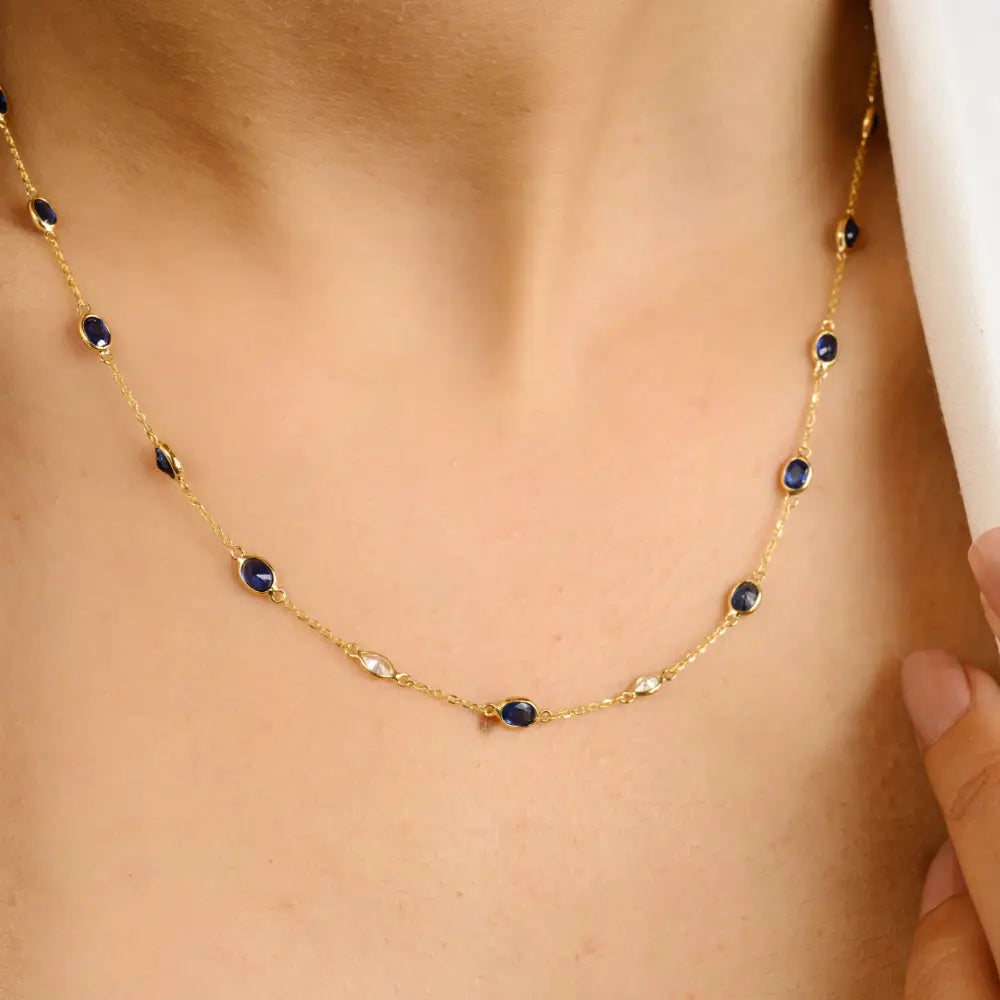 Simple Design Stackable Blue Sapphire & Diamond Station Necklace For Women 18K Gold