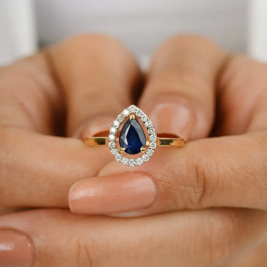 September Birthstone 18K Yellow Gold Natural Blue Sapphire & Diamond Unique Ring