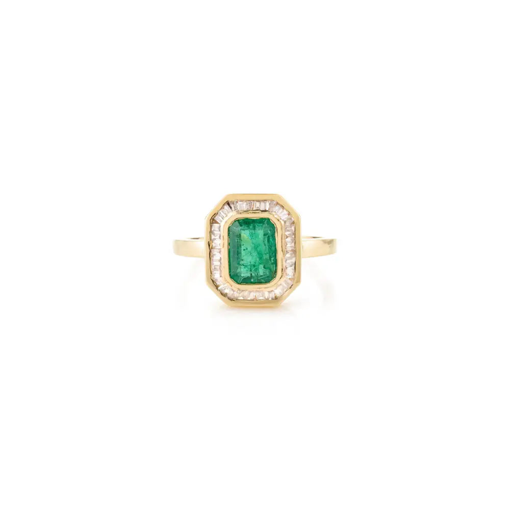 Octagon Shape Natural Emerald & Diamond 18K Yellow Gold Handmade Ring