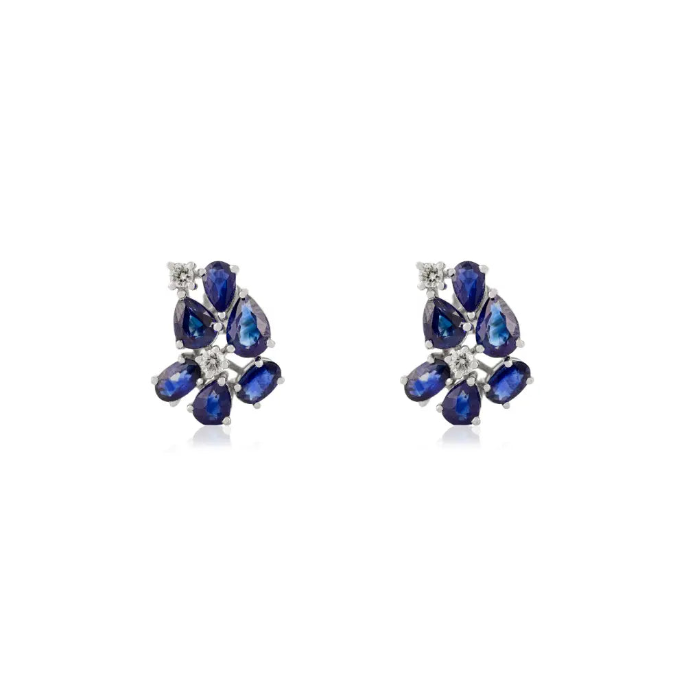 Prong Set Blue Sapphire & Diamond Real 14K White Gold Unique Design Statement Stud Earrings