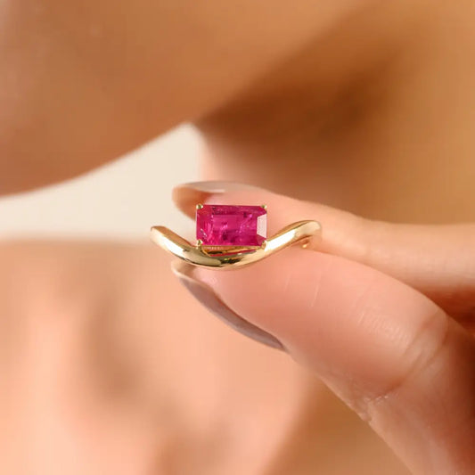 Prong Set Real Gemstone Ruby 14K Solid Yellow Gold Curve Wavy Ring Anniversary Gift