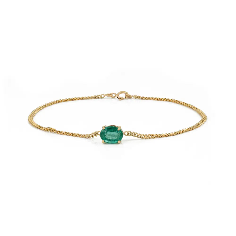 100% Natural Zambian Emerald K14 Yellow Gold Cuban Link Chain Single Stone Bracelet