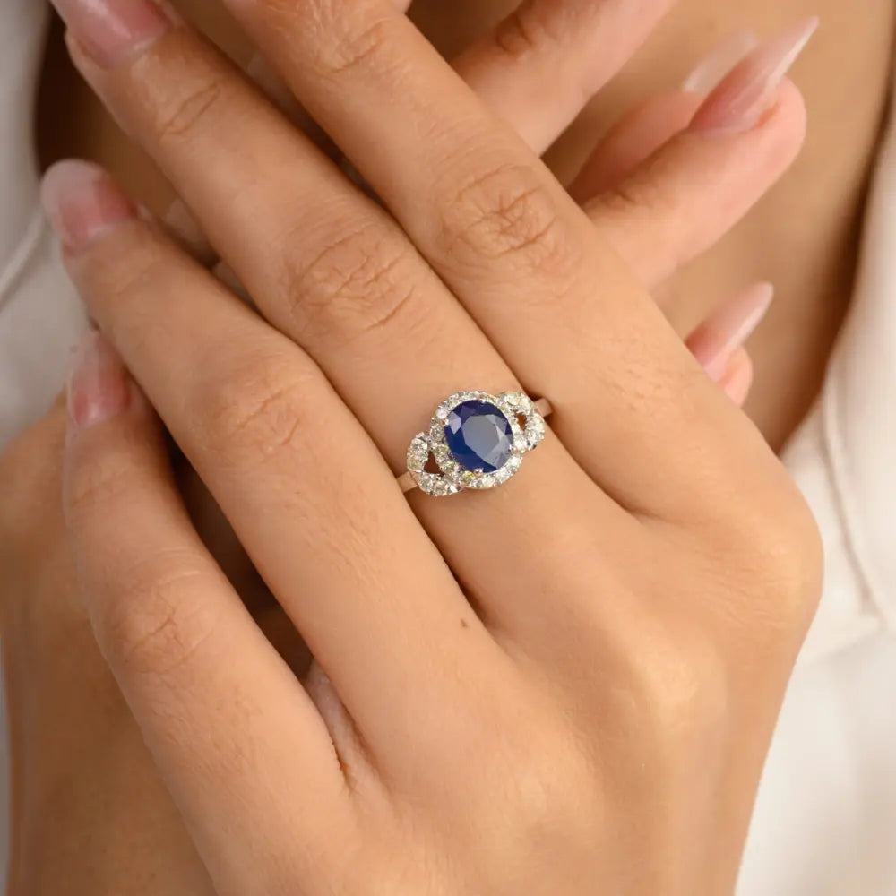 Birthstone Jewelry 14K Solid White Gold Blue Sapphire & Diamond Designer Ring