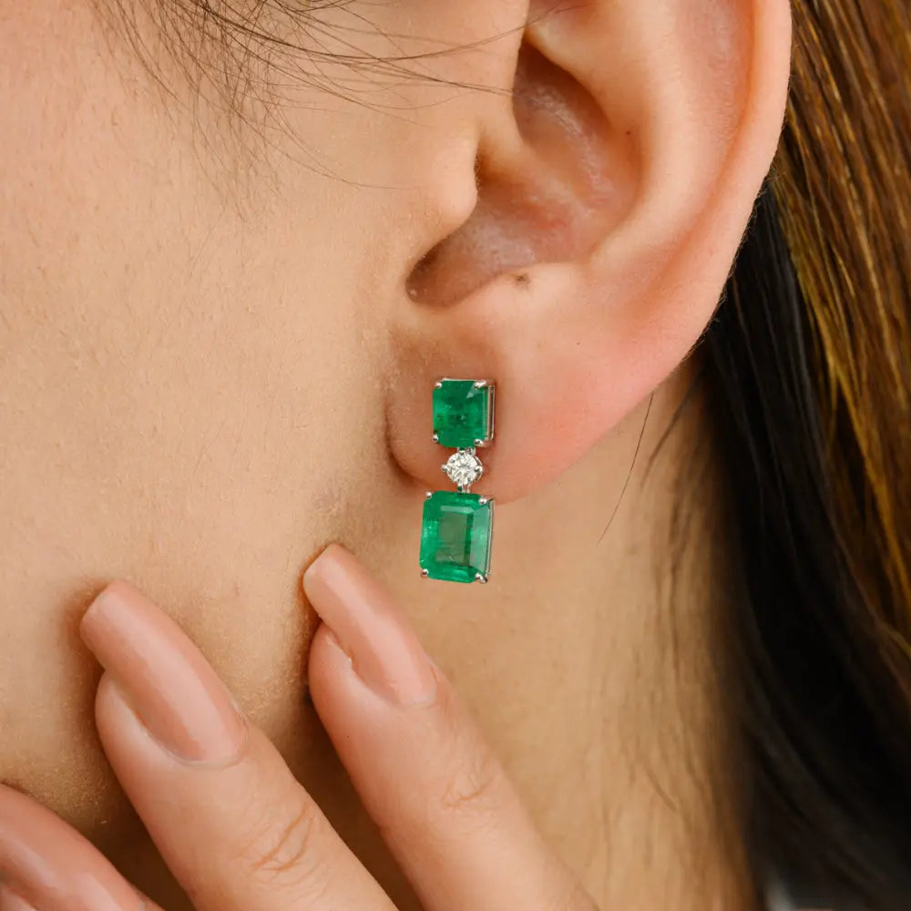 May Birthstone natural Emerald & Diamond Solid 18K White Gold Dangle Earring