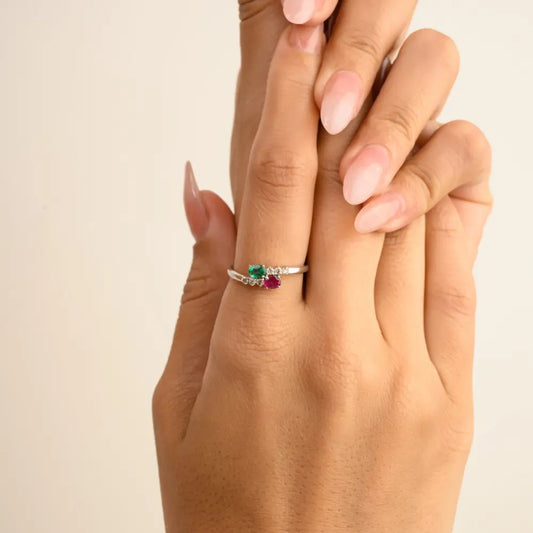 Bulk Jewelry 14K White Gold Emerald, Ruby & Diamond Handmade Bypass Ring