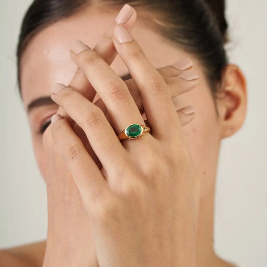 18K Real Yellow Gold Emerald Fine Chunky Dome Rings May Birthstone Wholesale Jewelry