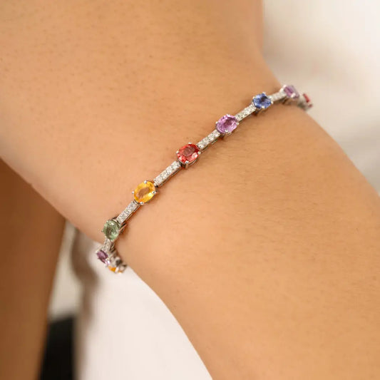 100% Natural Colorful Multi Sapphire & Diamond 14K Gold Tennis Bracelet Stacking Jewelry
