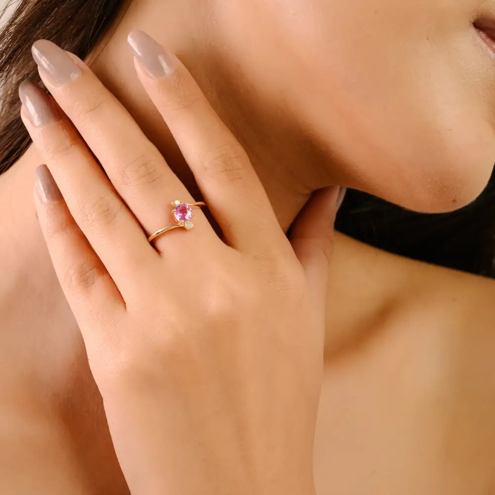 Round Cut Pink Sapphire & Diamond 14K Solid Yellow Gold Minimal Gemstone Ring For Women