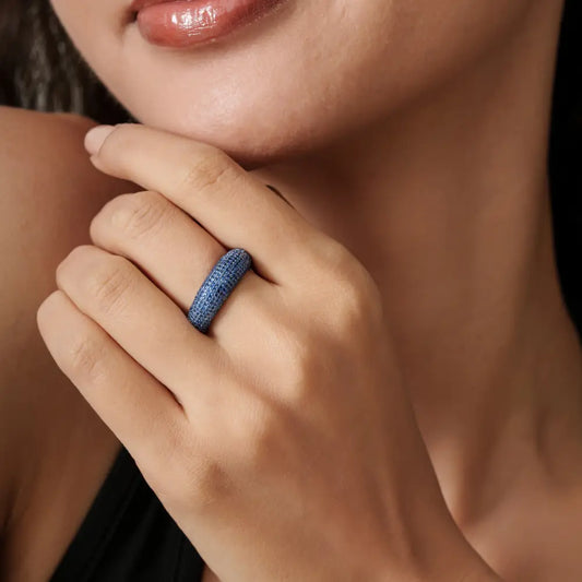 Full Pave Set Blue Sapphire 14K Solid White Gold Chunky Dome Ring For Unisex Custom Jewelry