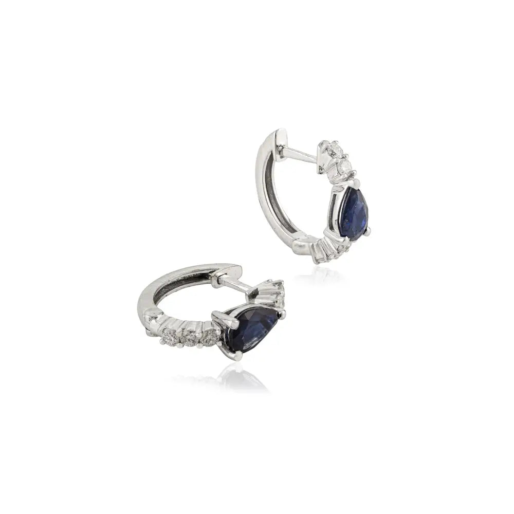 Simple 5x3 mm Pear Blue Sapphire & Diamond Small Hoop Earrings For Women 18K White Gold