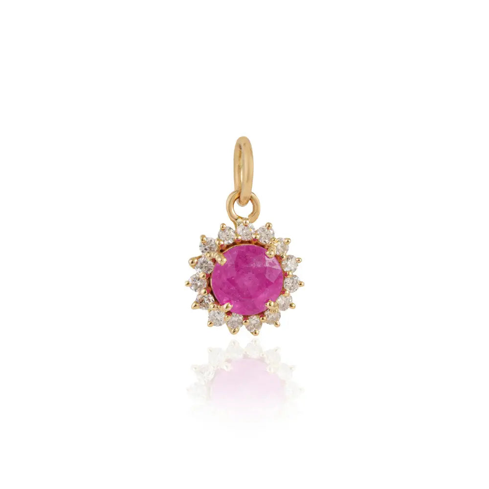 Round Cut Ruby & Diamond Minimal Cluster Pendant Gift For Mom 14K Yellow Gold Jewelry