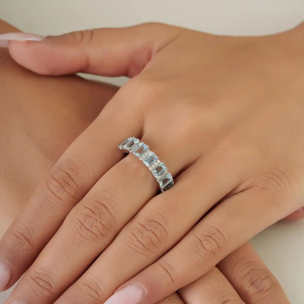 5x3 mm Octagon Shape Aquamarine & Round Cut Diamond Half Eternity Band Ring 18K Gold