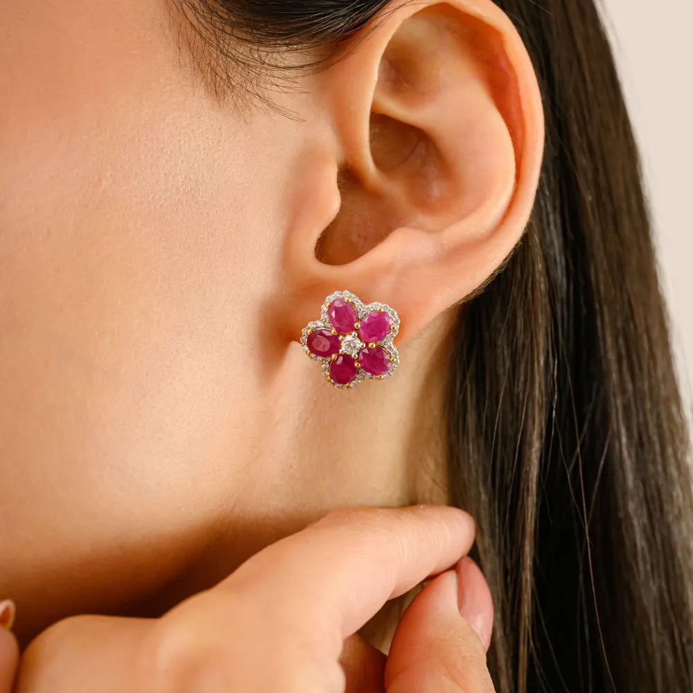 K14 Real Yellow Gold Ruby & Diamond Flower Shape Stud Earrings For Women Unique Design