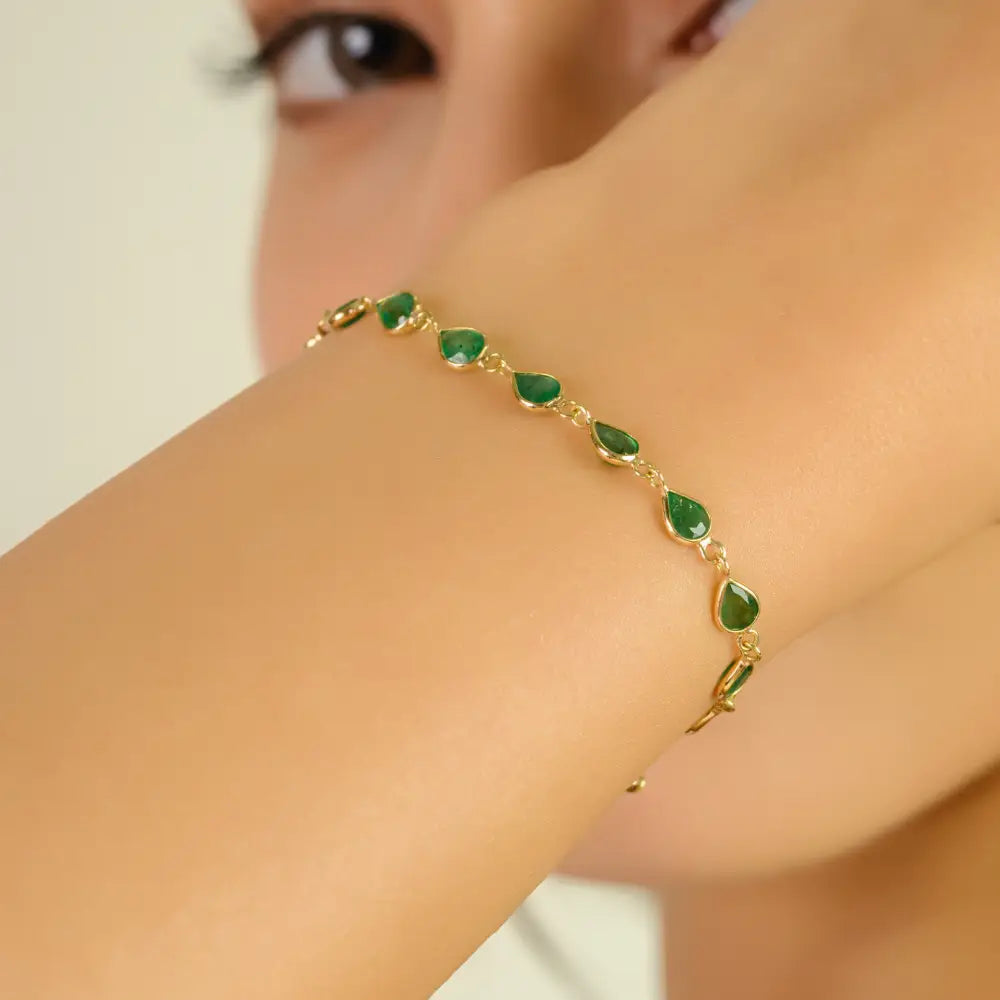 Pear Shape Emerald Stackable Station Bracelet 18K Yellow Gold Fine Everyday Jewelry