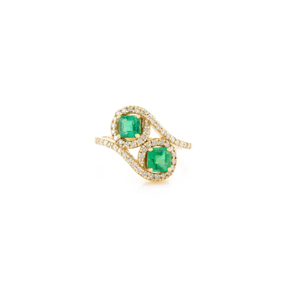 100% Natural Square Emerald & Diamond Solid K18 Yellow Gold Two Stone Ring