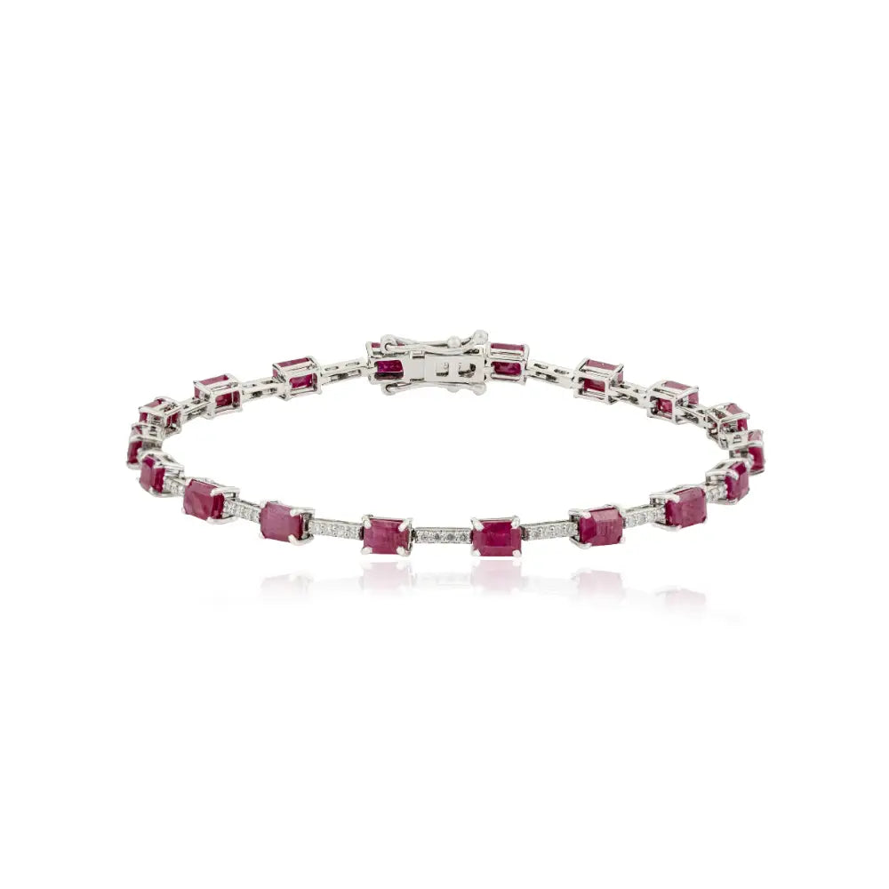 Simple Elegant Design 14K Real White Gold Ruby & Diamond Sleek Tennis Bracelet For Women
