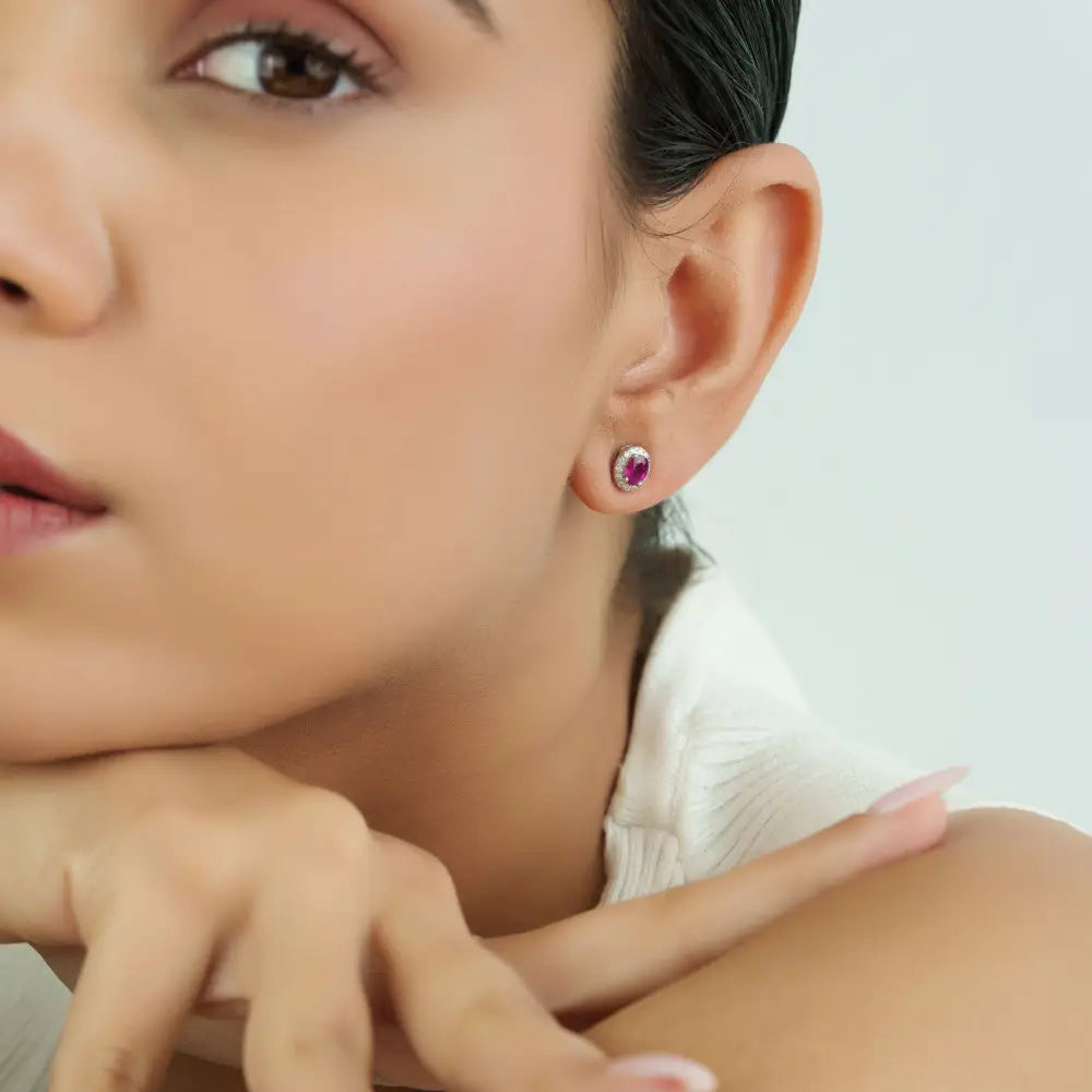 Oval Shape Ruby & Round Cut Diamond Real K18 White Gold Halo Stud Earrings Minimal Jewelry