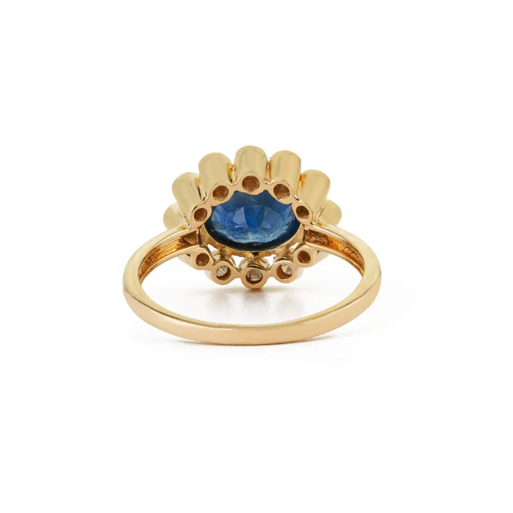Floral Inspired Blue Sapphire & Diamond East West Cluster Ring Real K14 Yellow Gold Fine Jewelry