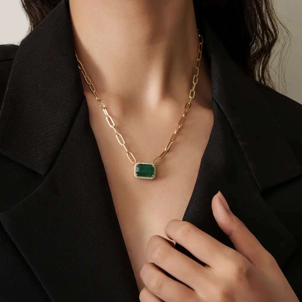 14K Real Yellow Gold Emerald & Diamond Paperclip Chain Cluster Pendant Necklace For Women