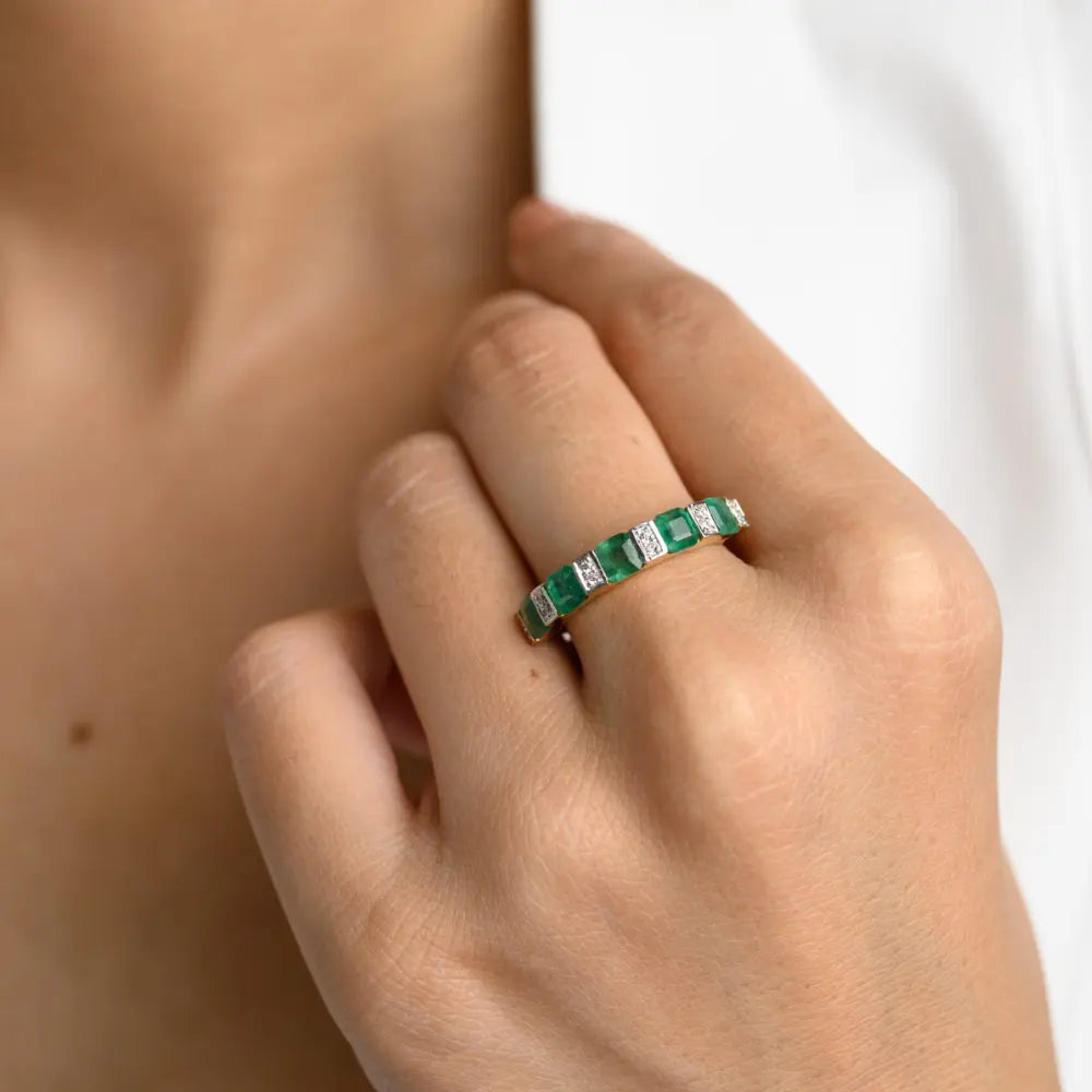 Minimal Jewelry Natural Emerald & Diamond 18K Solid Yellow Gold Half Eternity Band Ring