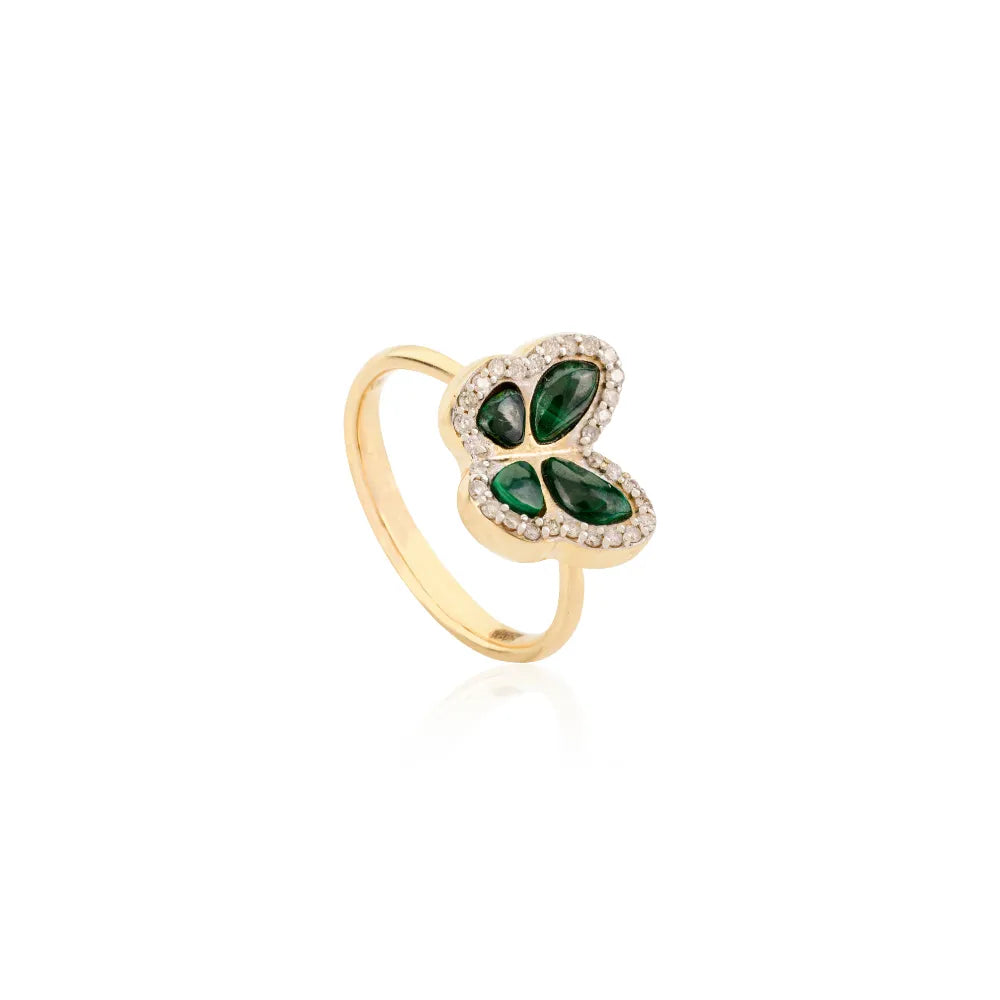 Malachite & Diamond Unique Designer Butterfly Ring For Party Wear Solid K14 Yellow Ring