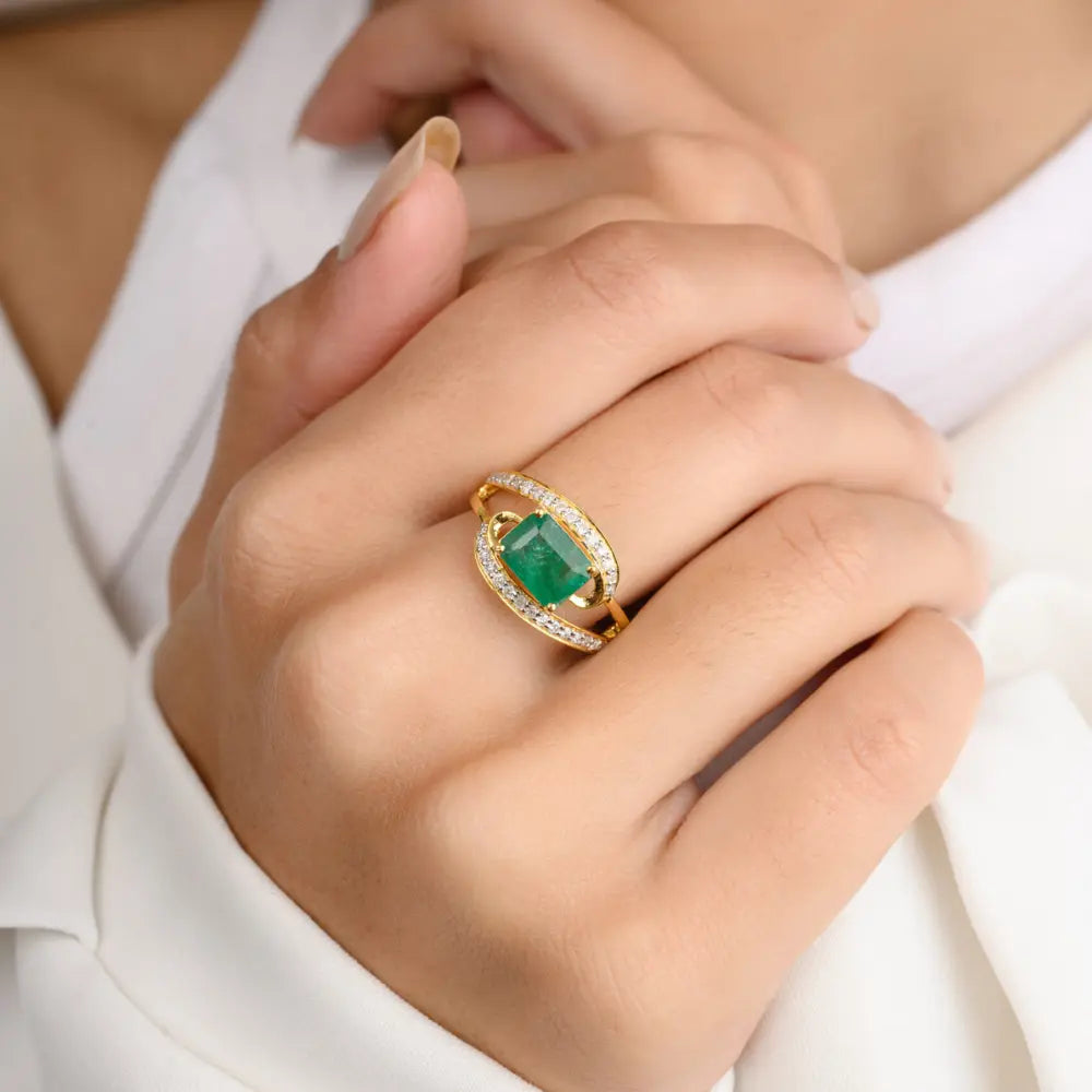 Octagon Shape Emerald & Diamond Solid 18K Yellow Gold Ring