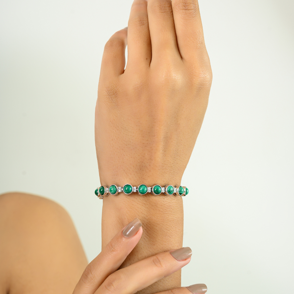 Best Top Seller Round Shape 100% Natural Malachite & American Diamond Sleek Bracelet Exclusive Jewelry