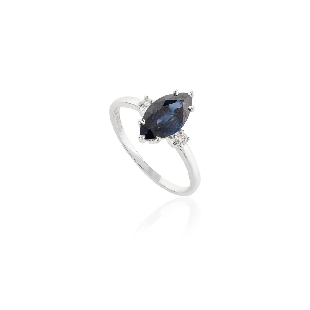 Custom Jewelry Marquise Shape Blue Sapphire & Diamond 14K White Gold Ring