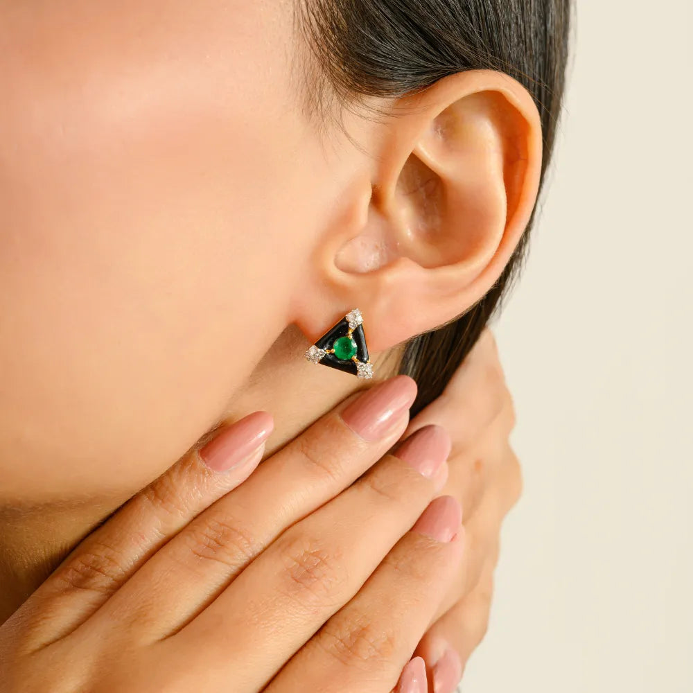 Emerald & Diamond Black Enamel Triangle Shape Stud Earrings Everyday Jewelry 14K Gold