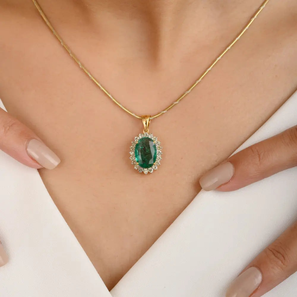 Natural Oval Cut Emerald & Round Diamond 14K Yellow Gold Pendant