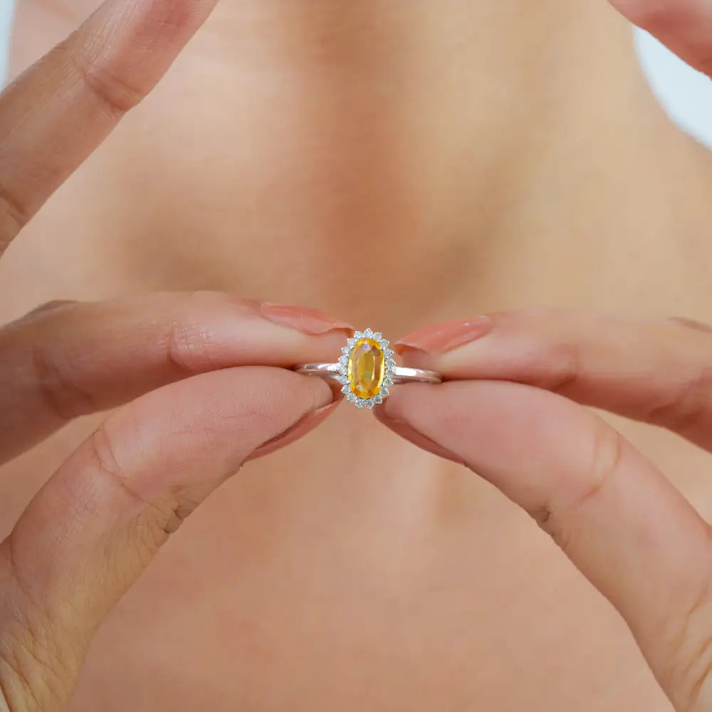 8x5mm Oval Cut Yellow Sapphire & Diamond Cluster Ring Handmade 14K White Gold Jewelry