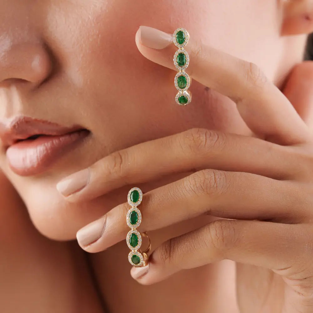 Latest New Arrivals 14K Yellow Gold Emerald & Diamond Statement Hoop Earrings For Wedding