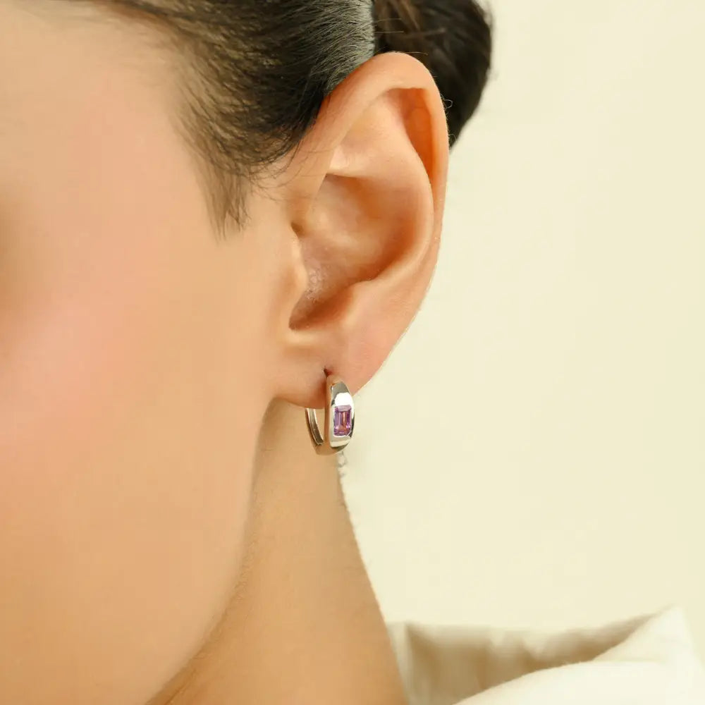Simple Design Everyday Wear Pink Sapphire Small Huggie Hoop Earrings 14K White Gold