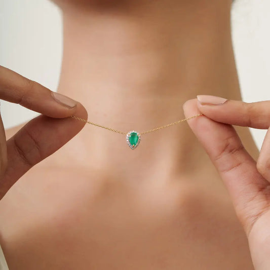 Pear Cut Emerald & Diamond Fine Minimalist Solitaire Halo Pendant Necklace 18K Yellow Gold